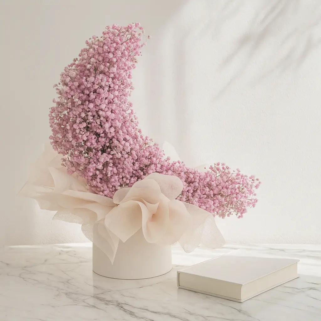 Pink floral arrangement in a white vase on a marble surface with a white background