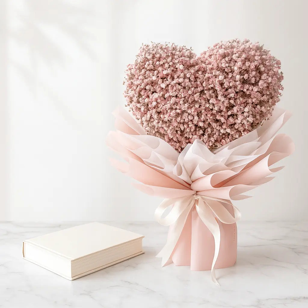 Delicate heart-shaped hand bouquet crafted with fresh gypso flowers, ideal for romantic surprises, anniversaries, or heartfelt gifting. A soft and meaningful floral gesture to express love and affection on special occasions.