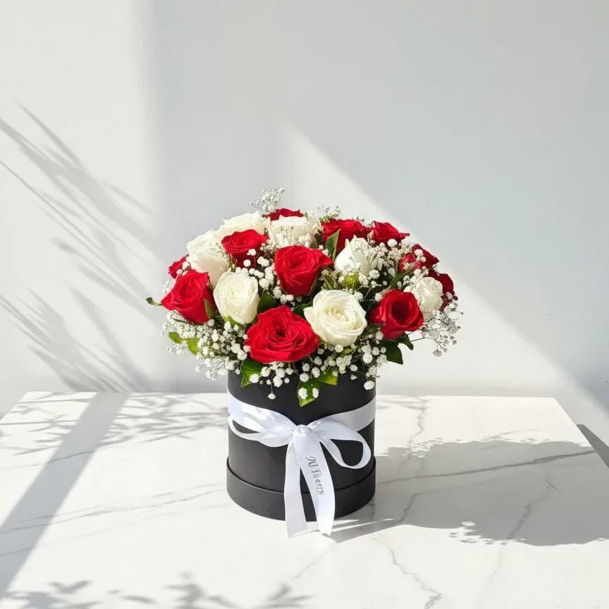Red and White Rose Box with Gypsophila Flowers - atfleurs