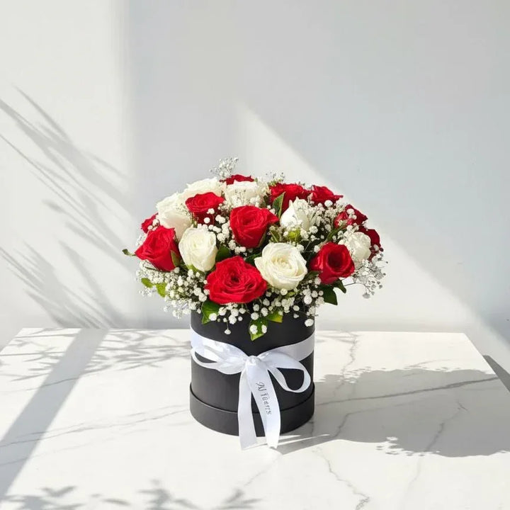 Red and White Rose Box with Gypsophila Flowers - atfleurs