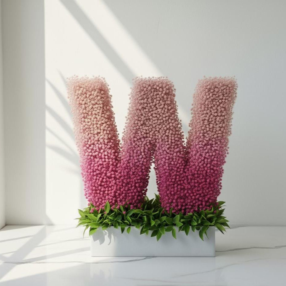 Decorative letter 'W' made of pink flowers in a pot on a white surface.  Fresh flower bouquet