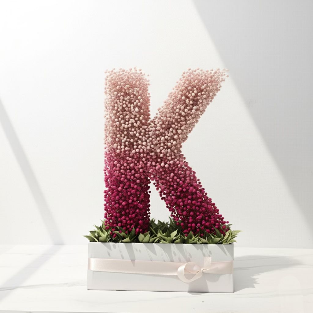 Decorative letter 'K' made of flowers in a white container on a light background  Fresh flower bouquet