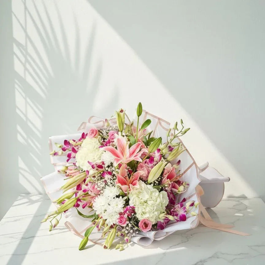 Pink Lily & Orchid Bloom Bouquet | Wrapped in White Blush - atfleurs