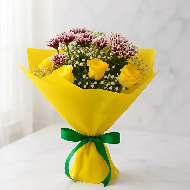 Chrysanthemum & Rose Hand Bouquet Delivery in Mumbai - atfleurs