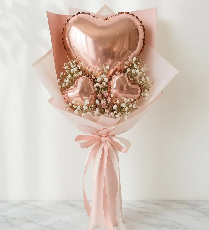 Rose Gold Heart Balloon Bouquet with Baby’s Breath - atfleurs