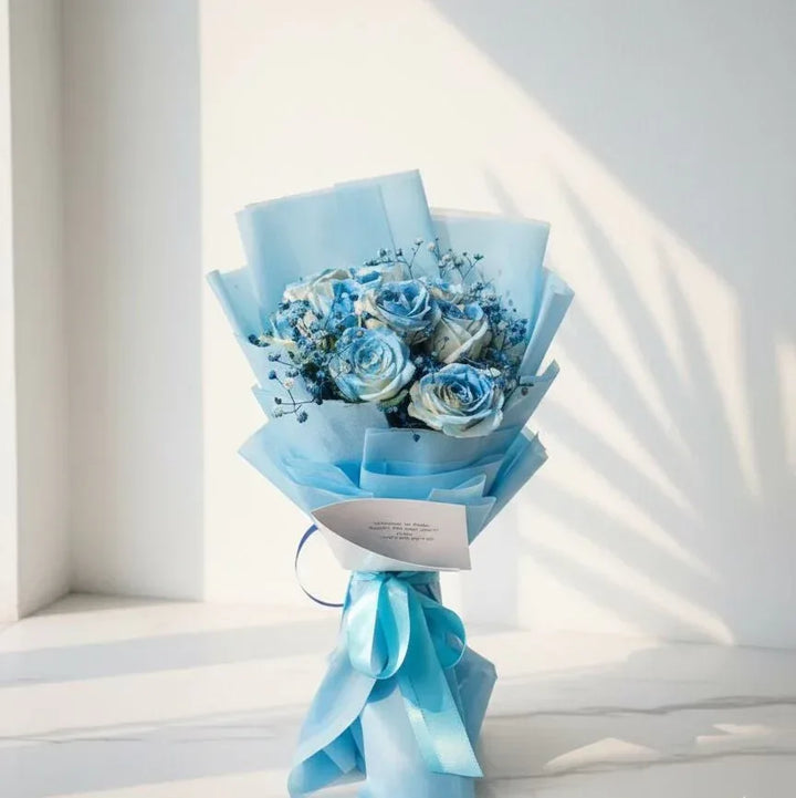Blue Tinted Roses with Baby’s Breath - atfleurs