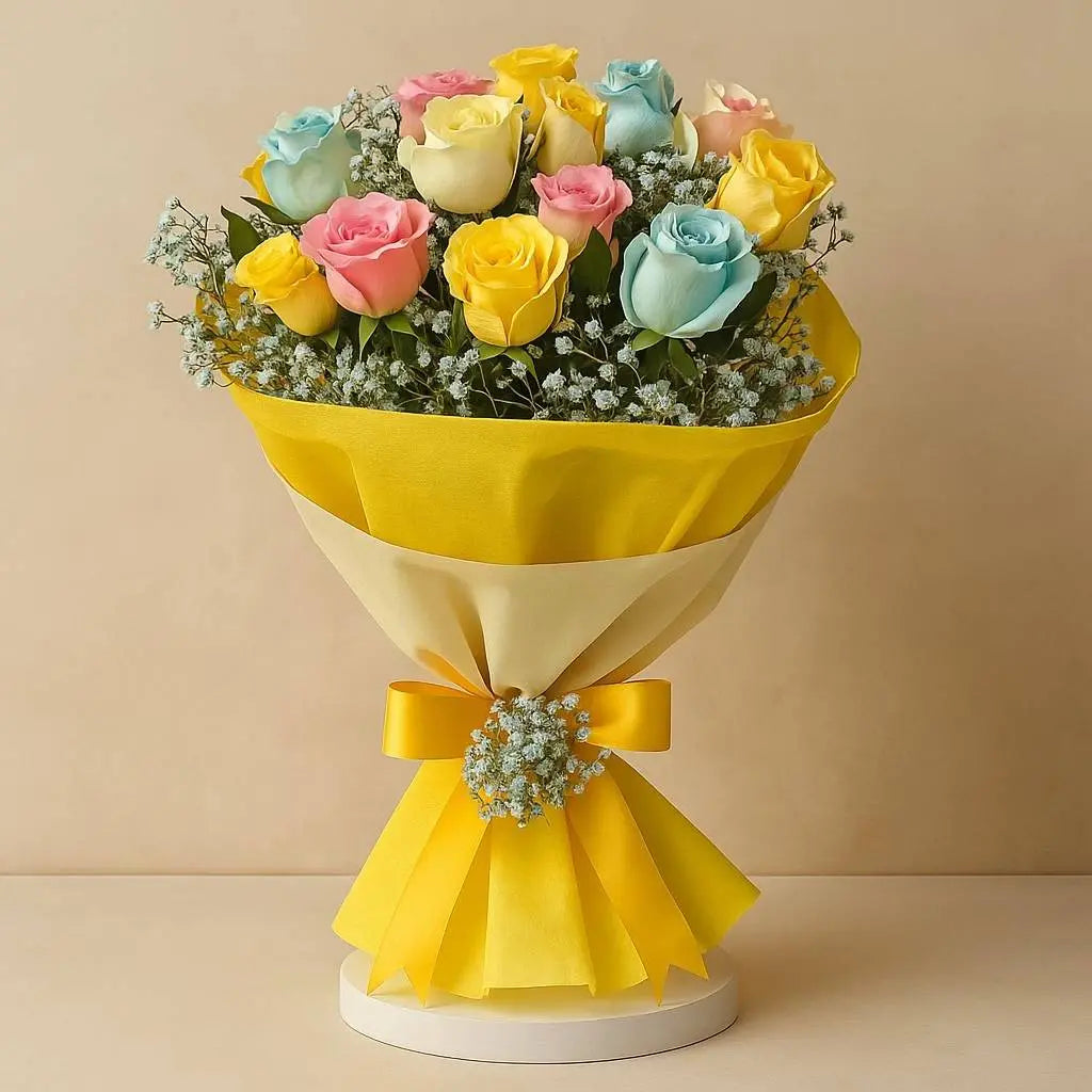 Mixed Colour Rose Hand Bouquet with Baby’s Breath atfleurs
