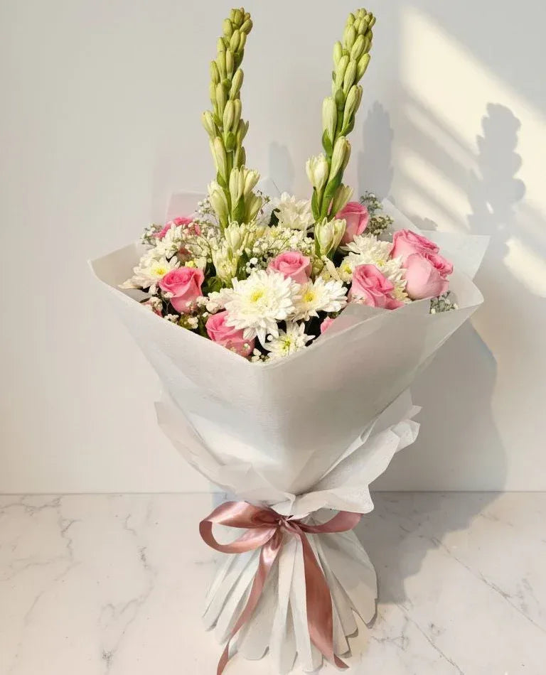 Pink Rose & Tuberose Bouquet | Wrapped in White Paper - atfleurs
