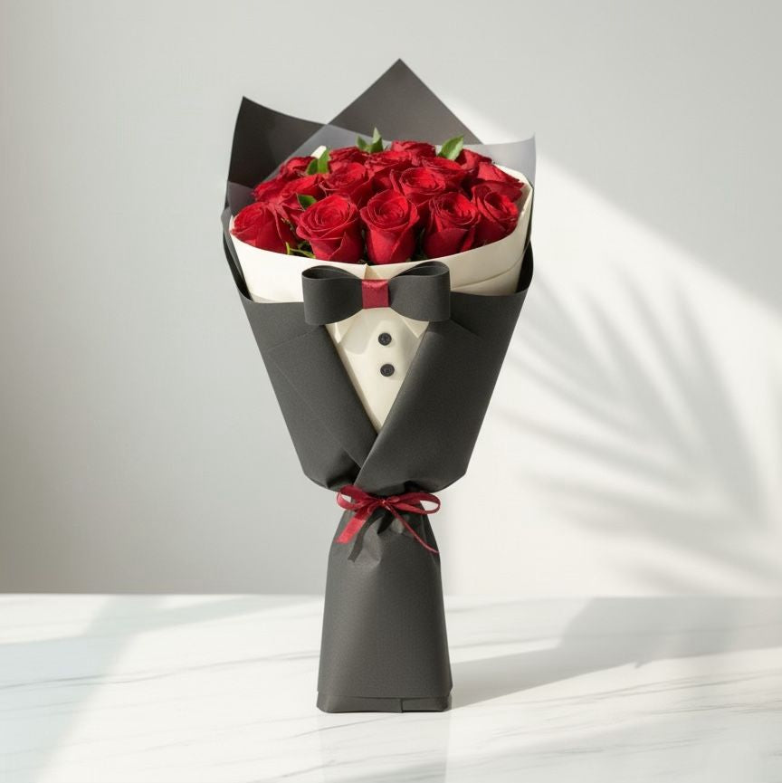 Tuxedo Style Bouquet with Red Roses