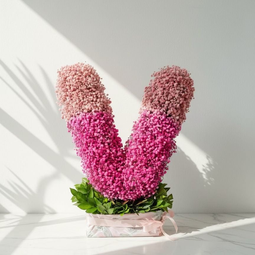 Pink floral arrangement shaped like a letter 'V' on a white surface with a light background.  Fresh flower bouquet