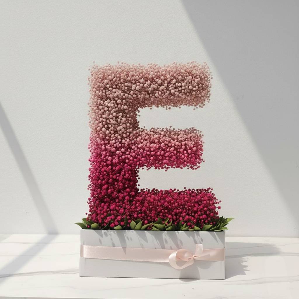 Floral arrangement shaped like the letter 'E' on a white background.  Fresh flower bouquet