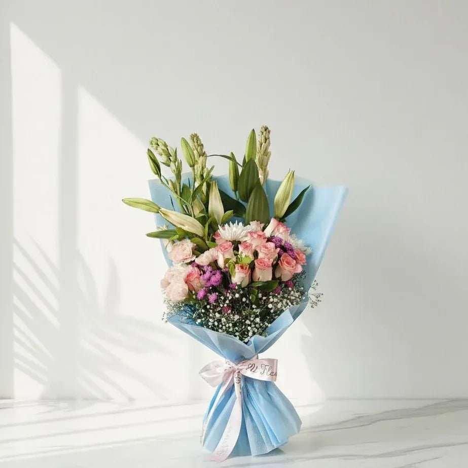 Lily, Pink Rose, Tuberose & Chrysanthemum Bouquet - atfleurs