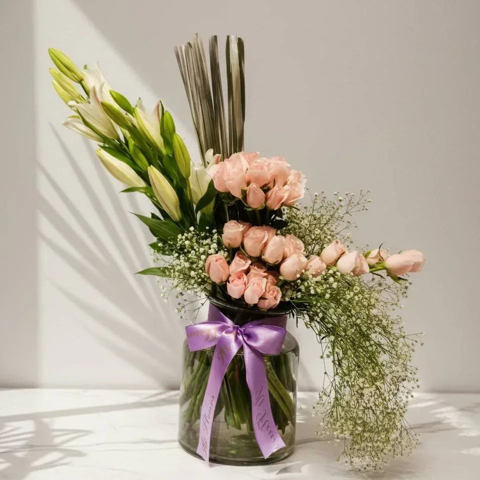 Peach Roses and White Lily Vase Arrangement | At Fleurs - atfleurs