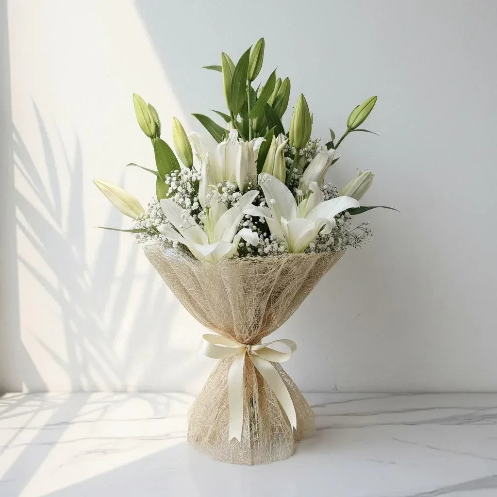 White Lily Hand Bunch - Beautiful Fresh Flowers