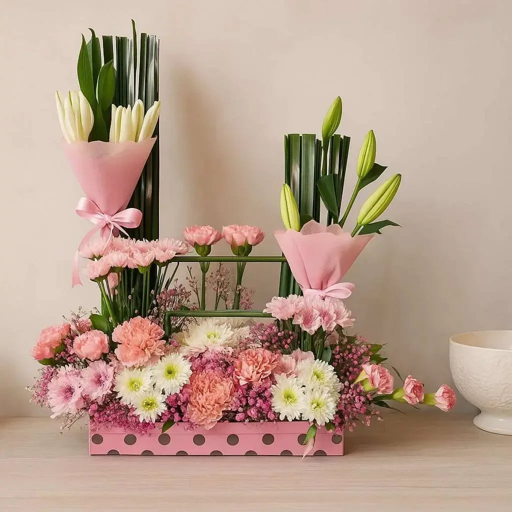Lily, Chrysanthemum, Carnation & Rose Floral Arrangement - atfleurs