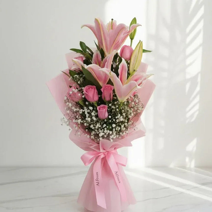 white lily hand bouquet White Lily Hand Bunch - Beautiful Fresh Flowers