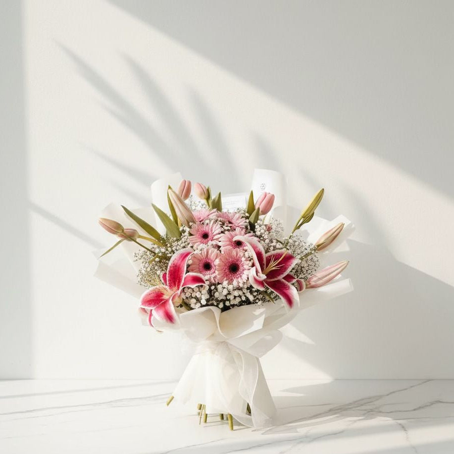 Bouquet of pink flowers with green leaves in a white box on a light background
