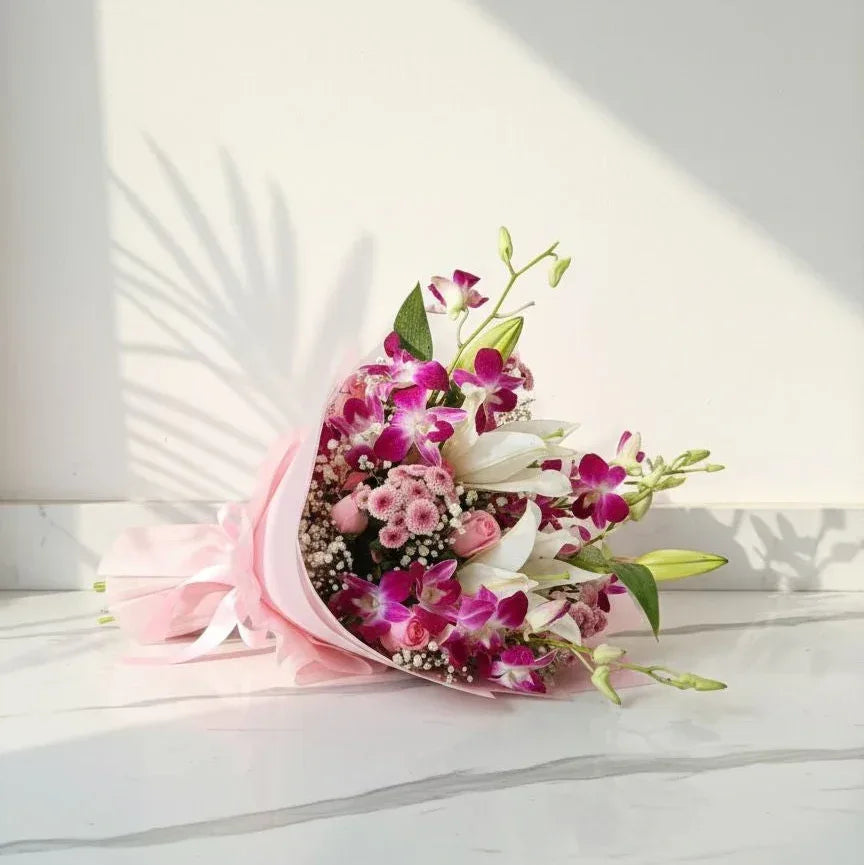 Orchid & Lily Harmony Bouquet Fresh Mix in Pink Wrap | AtFleurs - atfleurs