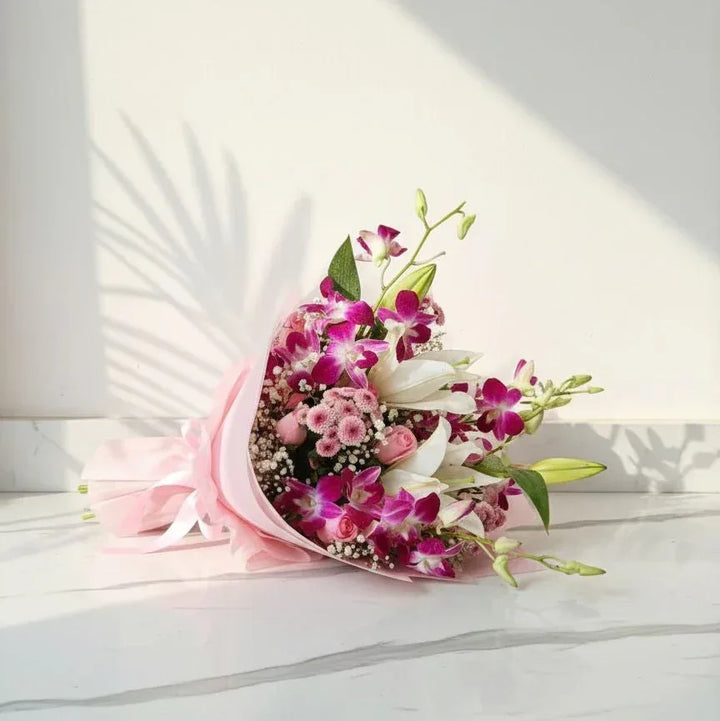 Orchid & Lily Harmony Bouquet Fresh Mix in Pink Wrap | AtFleurs - atfleurs