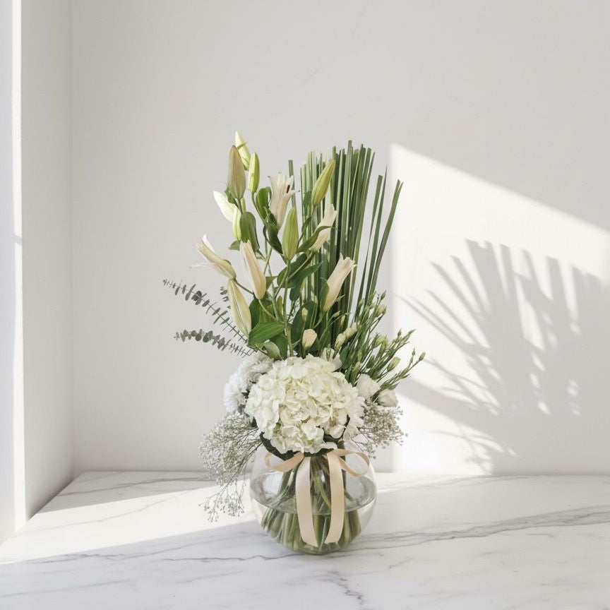 White Hydrangea Lily Chrysanthemum Gypsophila Vase Arrangement