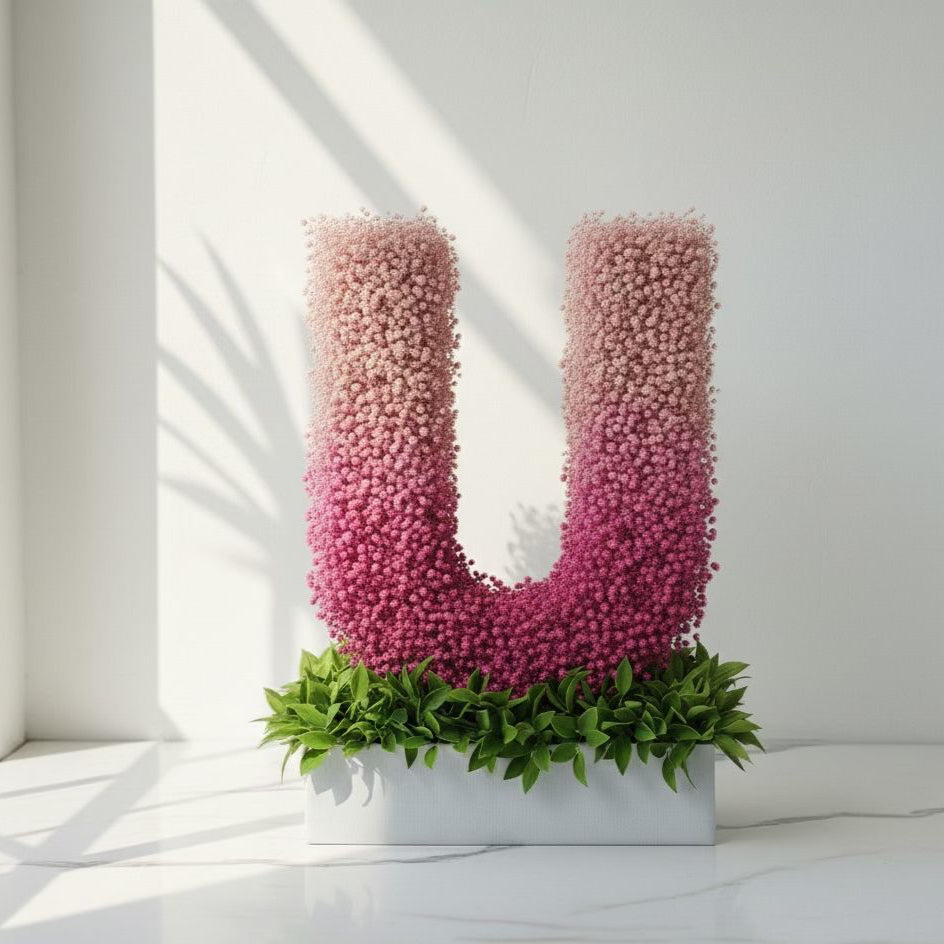 Decorative letter 'U' made of pink flowers and green leaves on a white background  Fresh flower bouquet