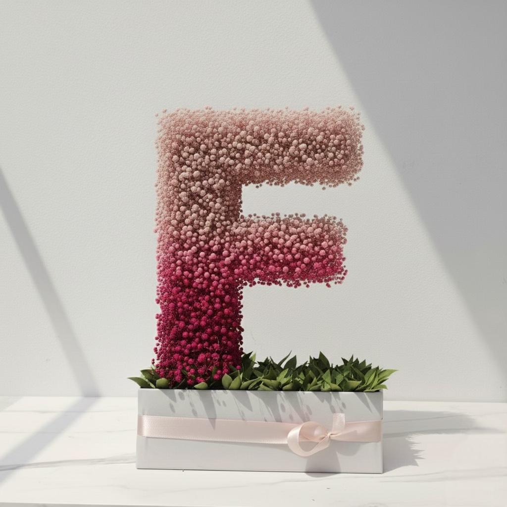 Decorative letter 'E' made of flowers on a white background.  Fresh flower bouquet