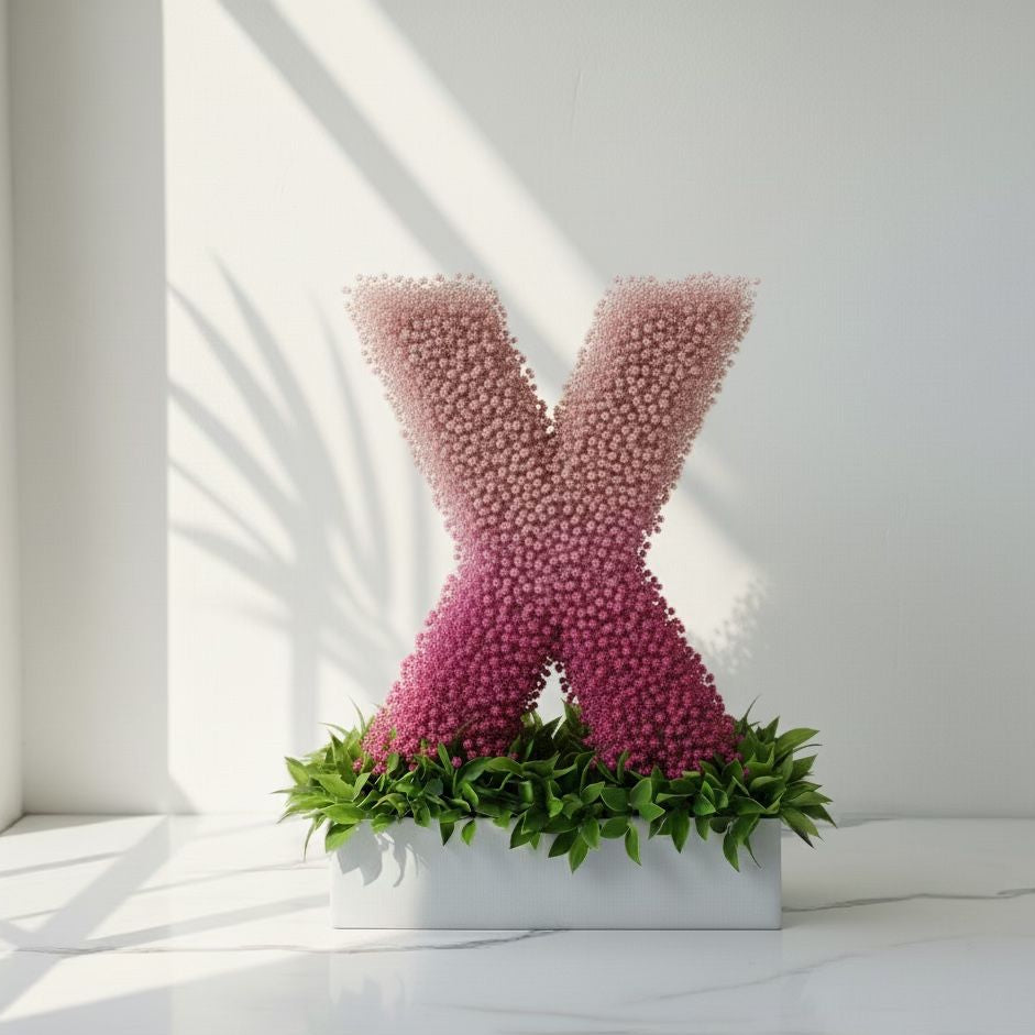 Decorative letter 'X' made of pink flowers with green base on a white background  Fresh flower bouquet