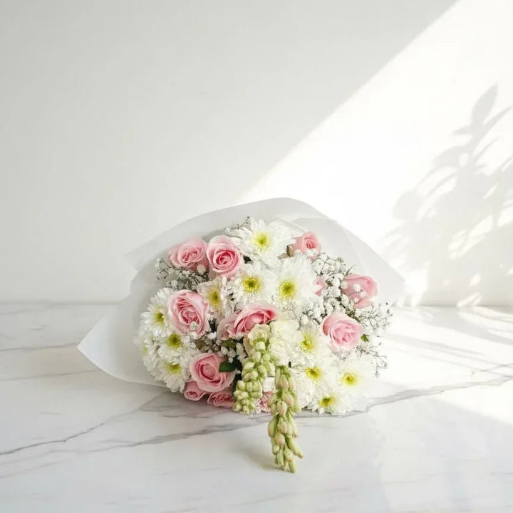 Pink Rose & Tuberose Bouquet | Wrapped in White Paper - atfleurs