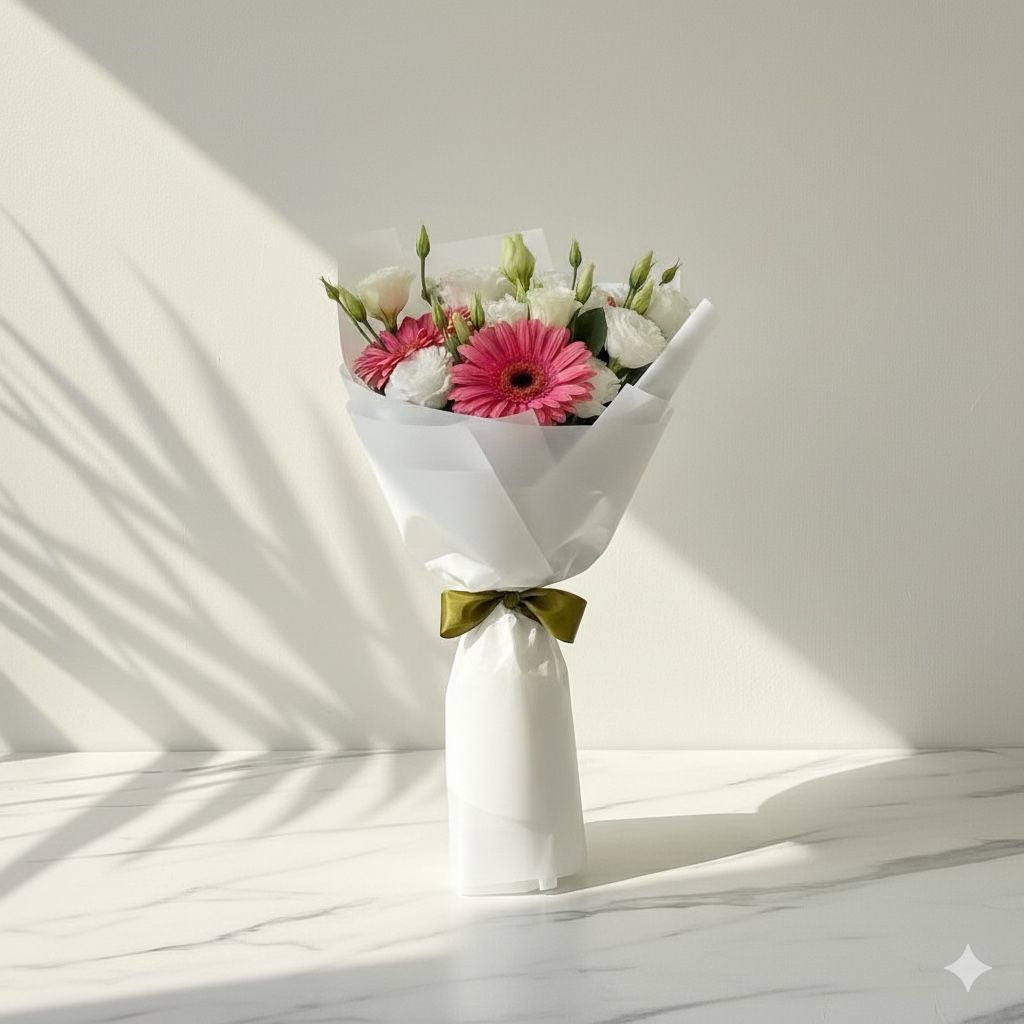Bouquet of pink gerbera daisies and white roses wrapped in crisp white paper with an olive green ribbon, placed on a marble surface under sunlight.