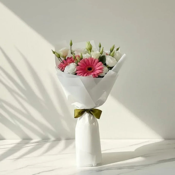 Pink Daisy & White Rose Hand Bouquet - atfleurs