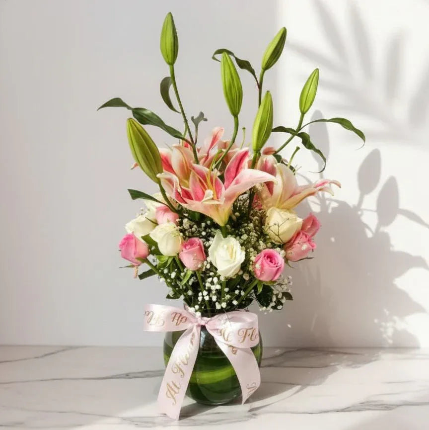 Pink Lily and Rose Vase Arrangement - atfleurs