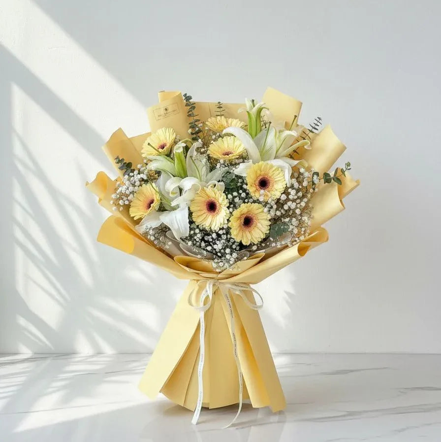 Yellow Gerbera & White Lily Bouquet Wrapped in Sunshine - atfleurs