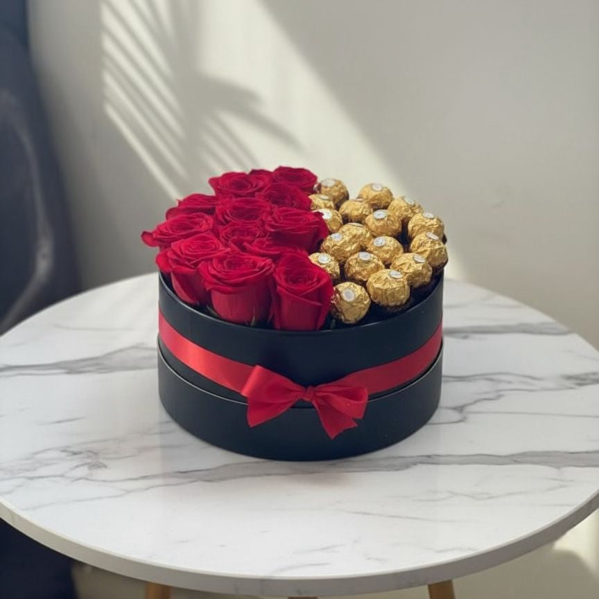 Round Box of Red Roses with Ferrero Rocher