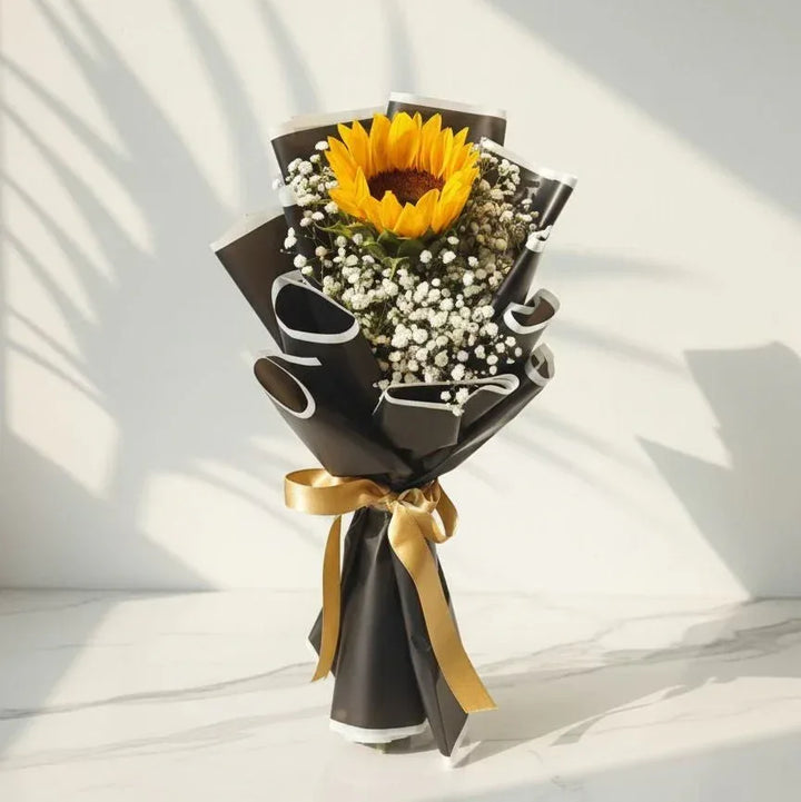 Sunflower and Baby’s Breath Bouquet with Black Wrap - atfleurs
