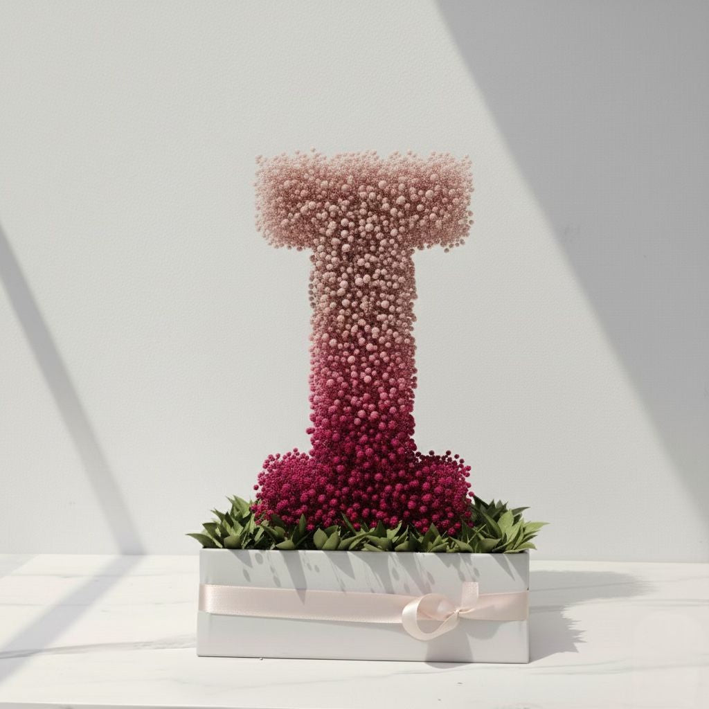 Decorative floral arrangement shaped like a letter 'T' on a white background  Fresh flower bouquet