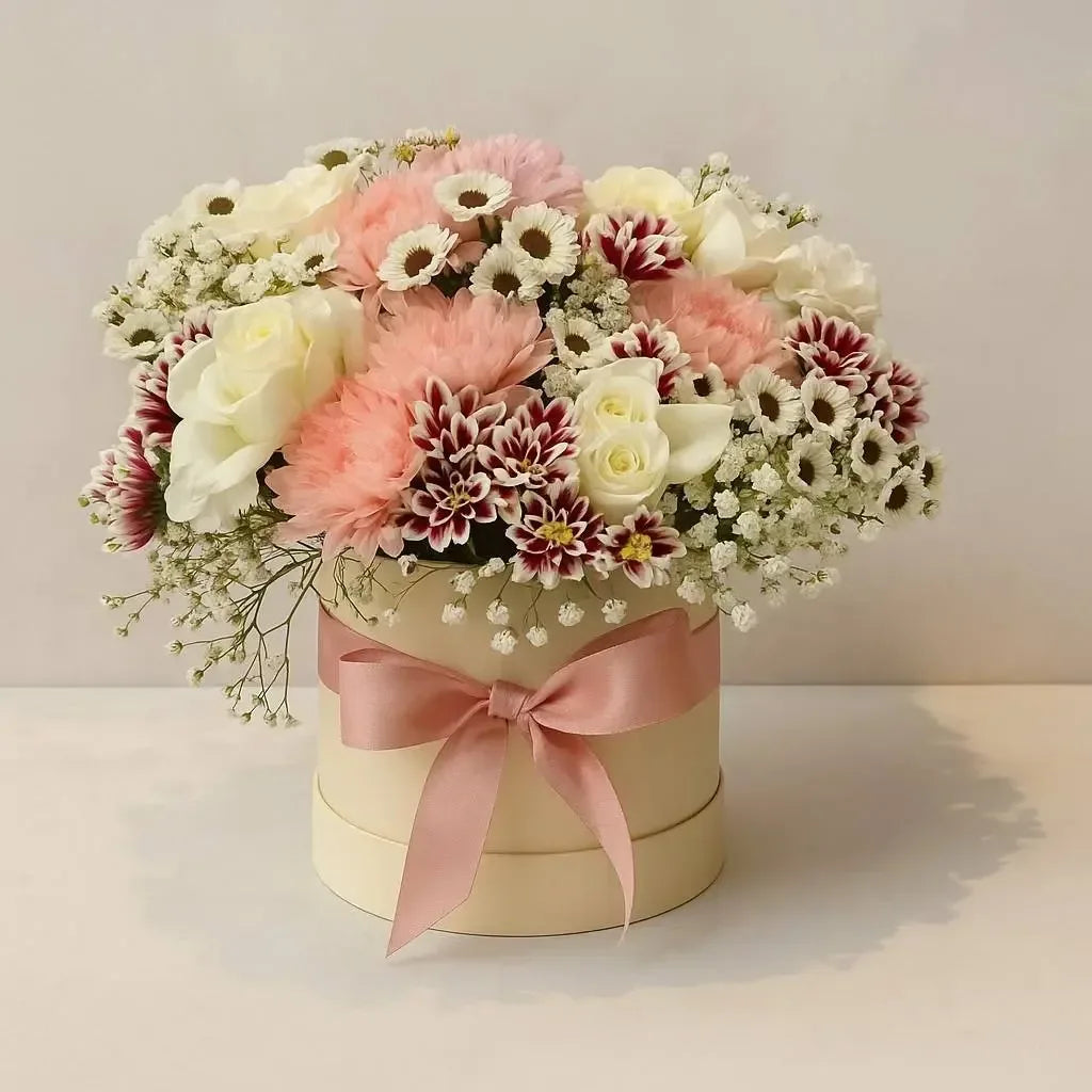 Carnation Chrysanthemum and White Rose Flower Box - atfleurs