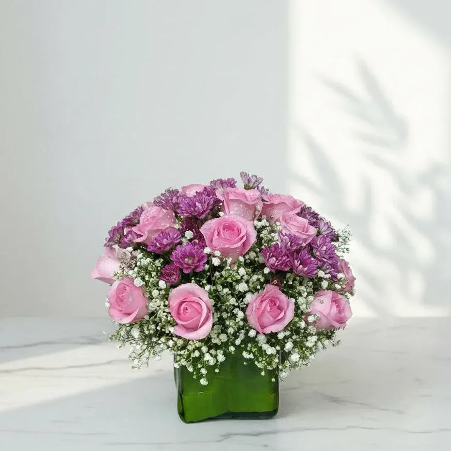 Soft Pink Rose & Purple Daisy Vase Arrangement - atfleurs