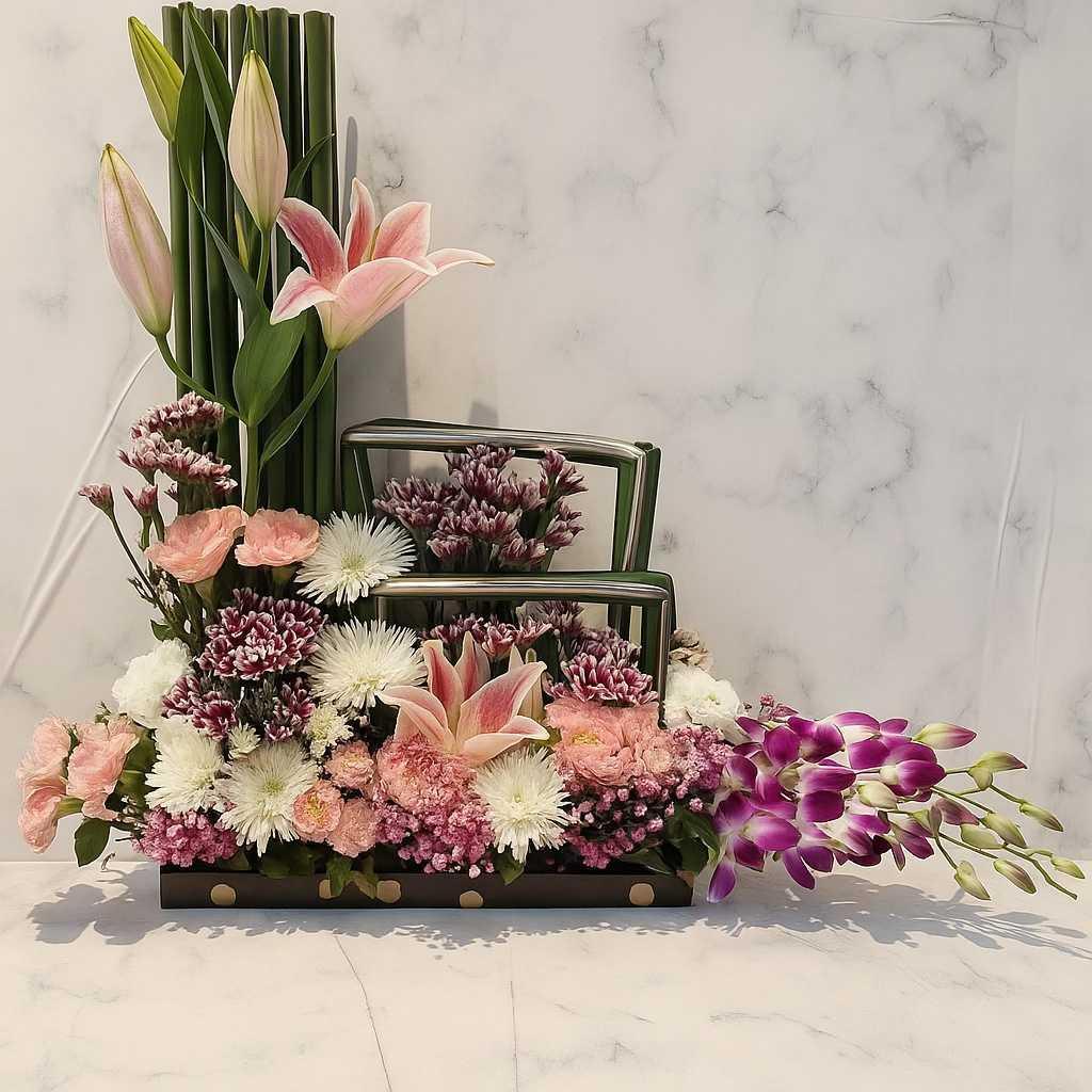 Lily Disbud Chrysanthemum Carnation Rose and Gypso Arrangement - atfleurs