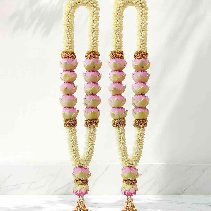 Lotus Wedding Garland Set | Pearl & Lotus Flower Varmala - atfleurs