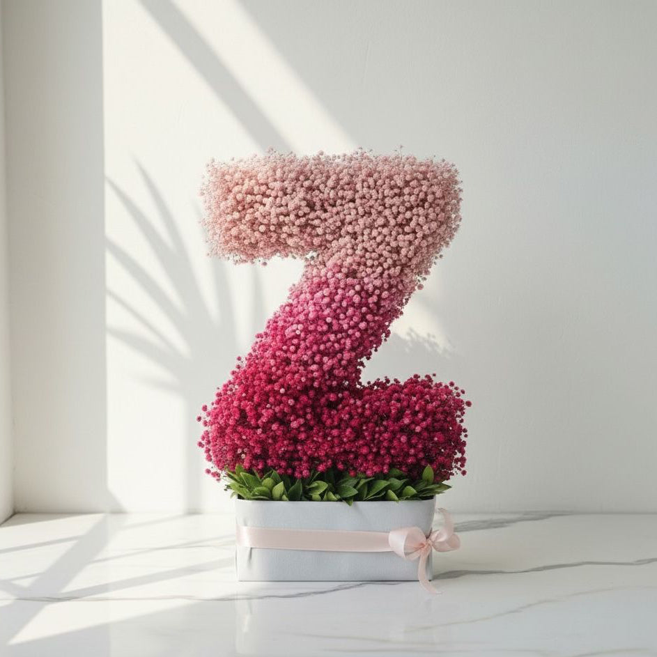 Pink floral arrangement shaped like the number '7' on a white  background  Fresh flower bouquet