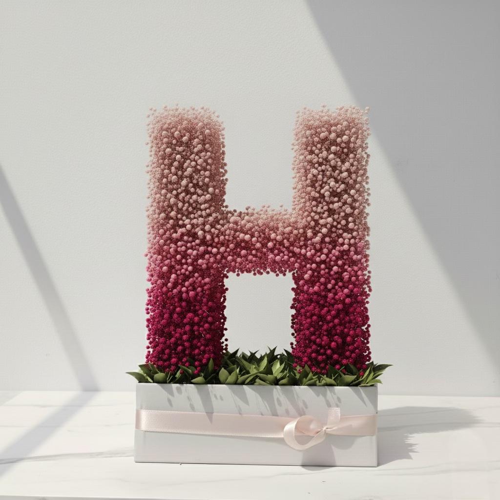 Decorative letter 'H' made of pink and red flowers in a white container on a light background  Fresh flower bouquet