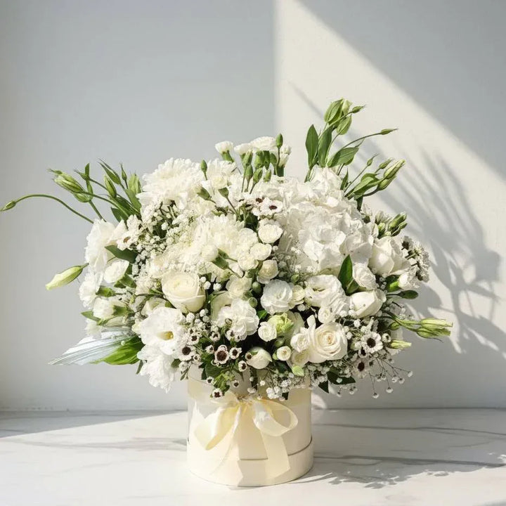 White Bloom Box Arrangement | Fresh Roses & Seasonal Whites | AtFleurs - atfleurs