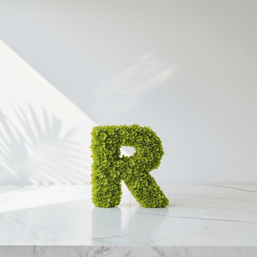 Green letter 'R' made of moss on a white surface with a light gray background
