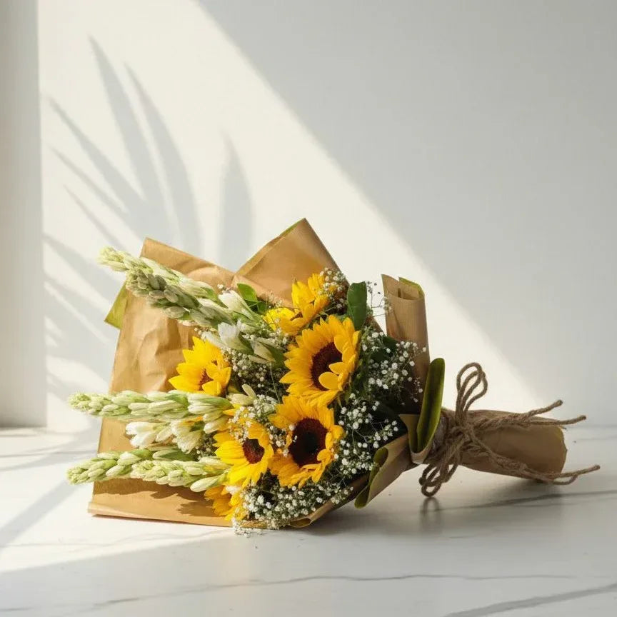 Sunflower & Tuberose Bouquet Rustic Charm in Kraft Wrap - atfleurs