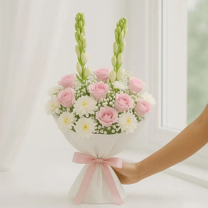 Rose Rajnigandha Chrysanthemum Gypso Hand Bouquet - atfleurs