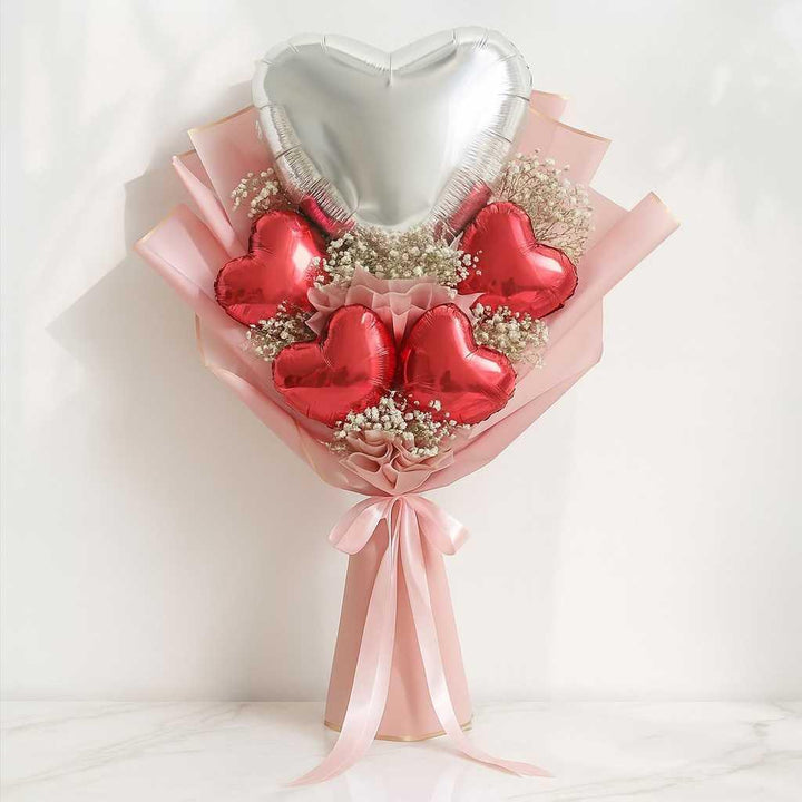 Silver and Red Heart Balloon Bouquet with Baby’s Breath - atfleurs