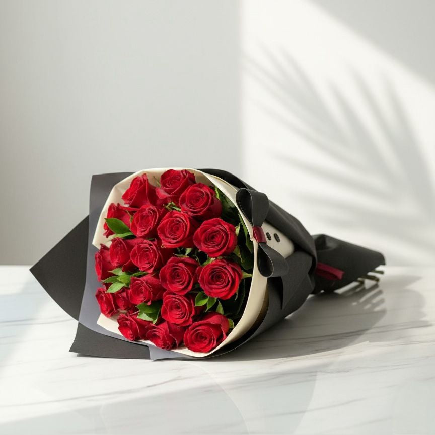 Tuxedo Style Bouquet with Red Roses