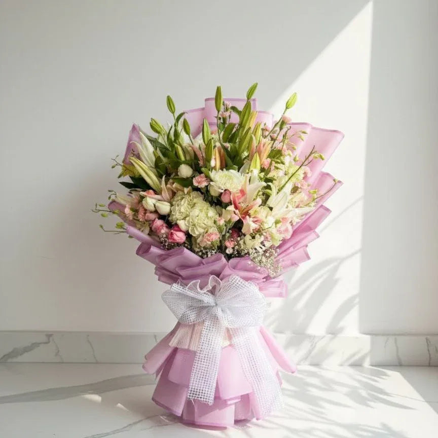 Grand Luxury Pink Lily & Rose Bouquet Wrapped in Lilac Elegance - atfleurs