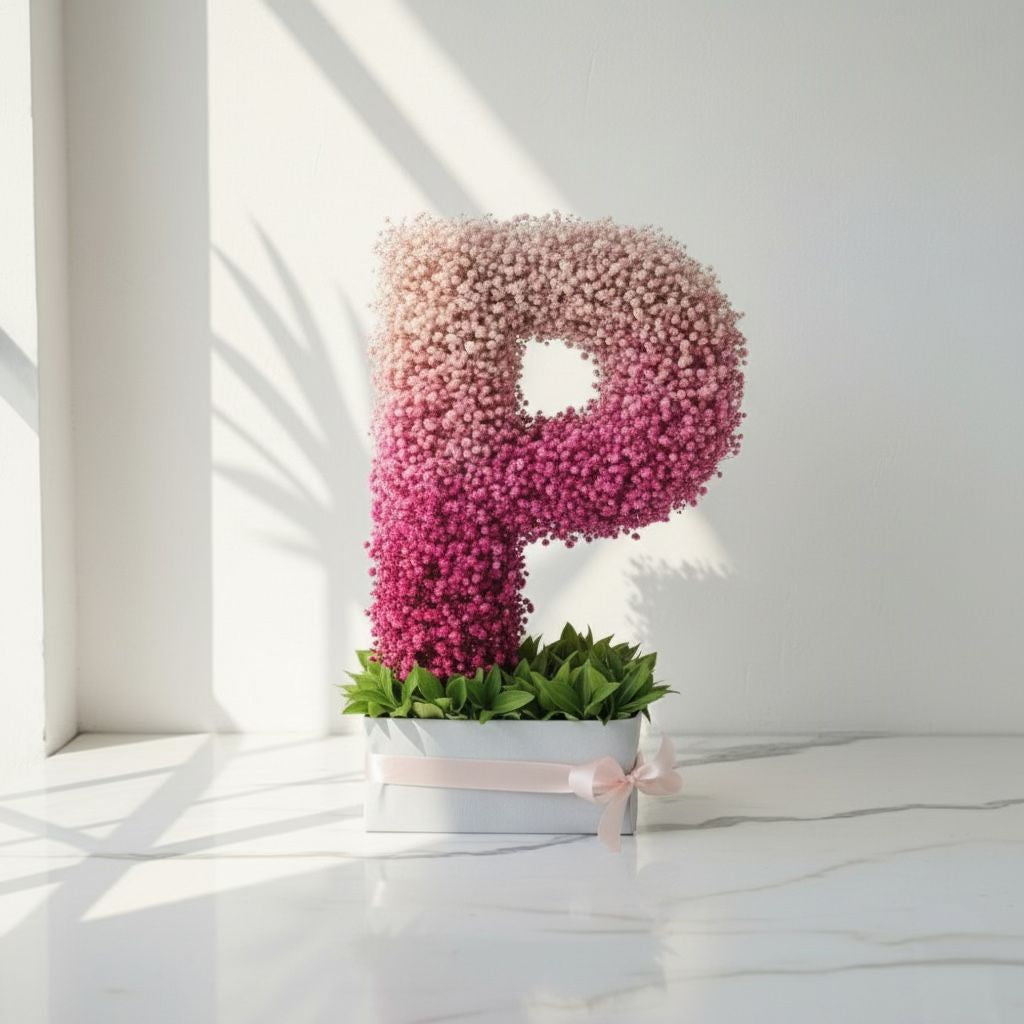 Flower arrangement shaped like the letter 'P' on a white surface with a light background  Fresh flower bouquet