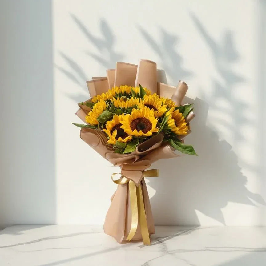 Golden Bloom Sunflower Bouquet Wrapped in Warm Tan - atfleurs